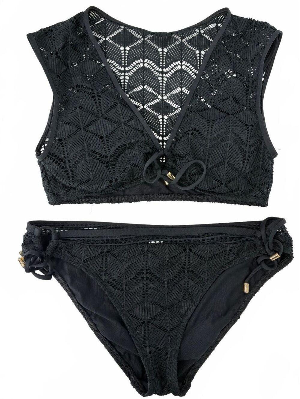 La Blanca Black Crochet Two-Piece Swimsuit Set Size US 12